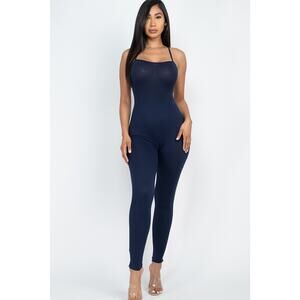 Criss-cross open back bodycon jumpsuit (Navy)-Medium